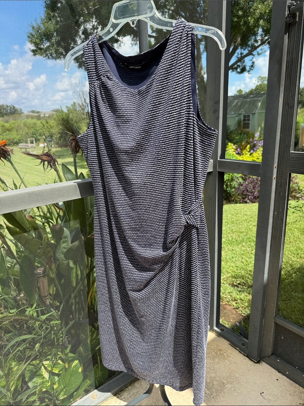 Nine West Navy & White Striped Sleeveless Midi Dress with Side Drape